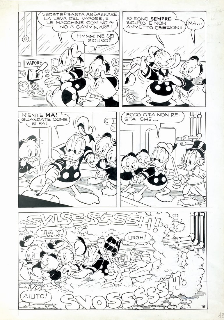 SCARPA - Paperino e la Scuola dei Guai: Tavola originale n. 18 per la storia scritta da Guido Martina e disegnata da Scarpa; inchiostri di Luciano Gatto. Pubblicata in Topolino libretto n. 196, a pag. 20, Mondadori, 1958. Matita e china su