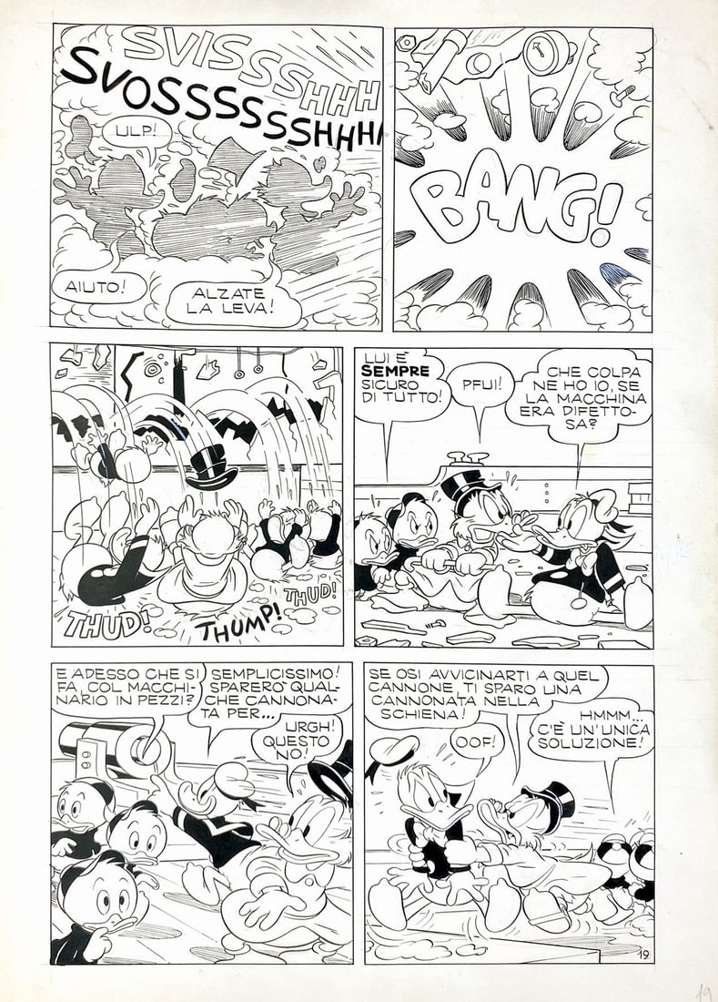 SCARPA - Paperino e la Scuola dei Guai: Tavola originale n. 19 per la storia scritta da Guido Martina e disegnata da Scarpa; inchiostri di Luciano Gatto. Pubblicata in Topolino libretto n. 196, a pag. 21, Mondadori, 1958. Matita e china su