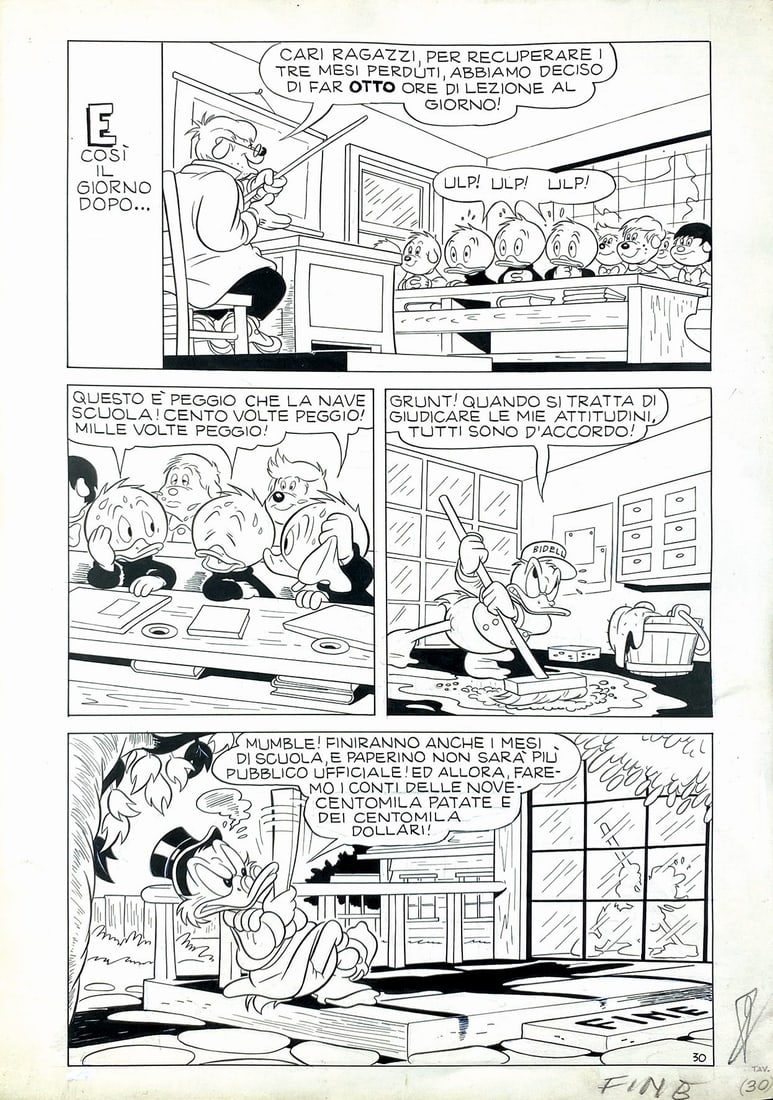 SCARPA - Paperino e la Scuola dei Guai: Tavola originale n. 30, conclusiva, per la storia scritta da Guido Martina e disegnata da Scarpa; inchiostri di Luciano Gatto. Pubblicata in Topolino libretto n. 196, a pag. 32, Mondadori, 1958. Matit