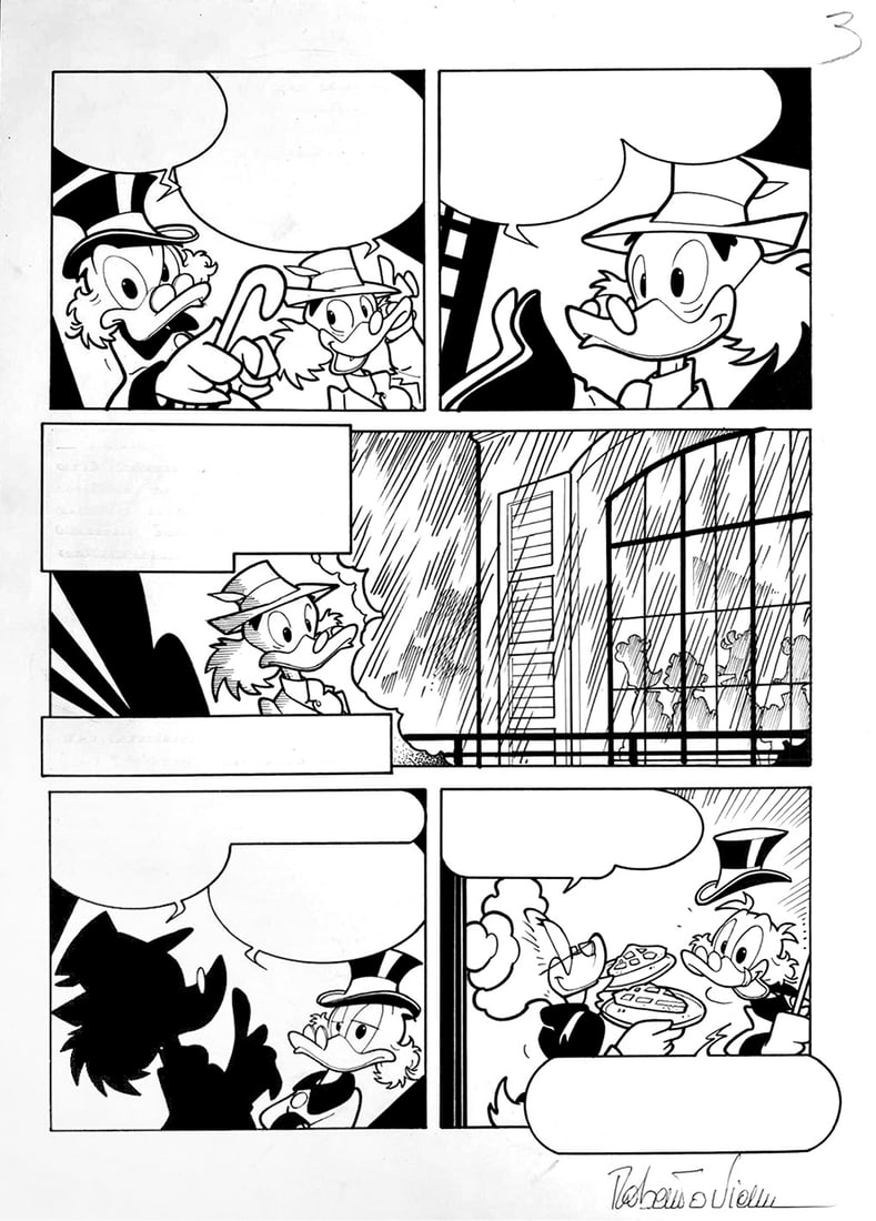 VIAN - Lord Hatequack Presenta L'Ora: ROBERTO VIAN - Lord Hatequack Presenta L'Ora del Terrore Una Gara da Paura. Tavola originale n. 3 per la storia pubblicata su Topolino Libretto n. 3609, Panini, gennaio 2025. Matita e china su cartonc