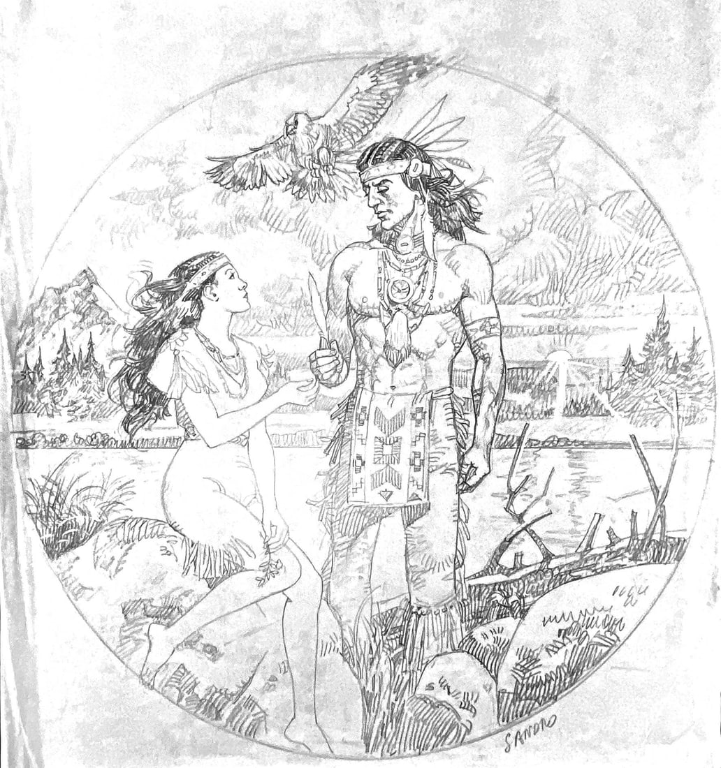 A. BIFFIGNANDI - Native American Legend: Disegno preliminare per dipinto realizzato per la Hamilton Collection, USA, 1992. Lapis su carta velina, cm 39,5x36. Firmato Sandro. Lievi stropicciature ma ottimo stato. ENG Preliminary art for a pai