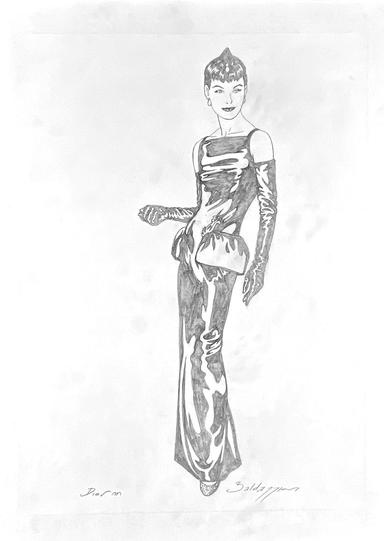 ROBERTO BALDAZZINI - Dior: Illustrazione lapis su carta, cm 46x32 circa. Firmata. Titolata, datata 2012 al retro e nuovamente firmata. Eccellente stato. ENG Pencil illustration on paper; approximately 46x32 cm. Signed. Titled,