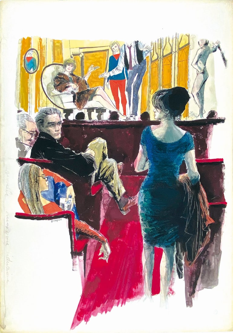 GUIDO CREPAX - Monica e l'Arte: Illustrazione pittorica realizzata per il racconto di Bocchi, pubblicato in Novella, Editrice Rizzoli, 11 aprile 1963. Tecnica mista su cartone, cm 73x51. Firmata. Ottimo stato. ENG Pictorial illustra