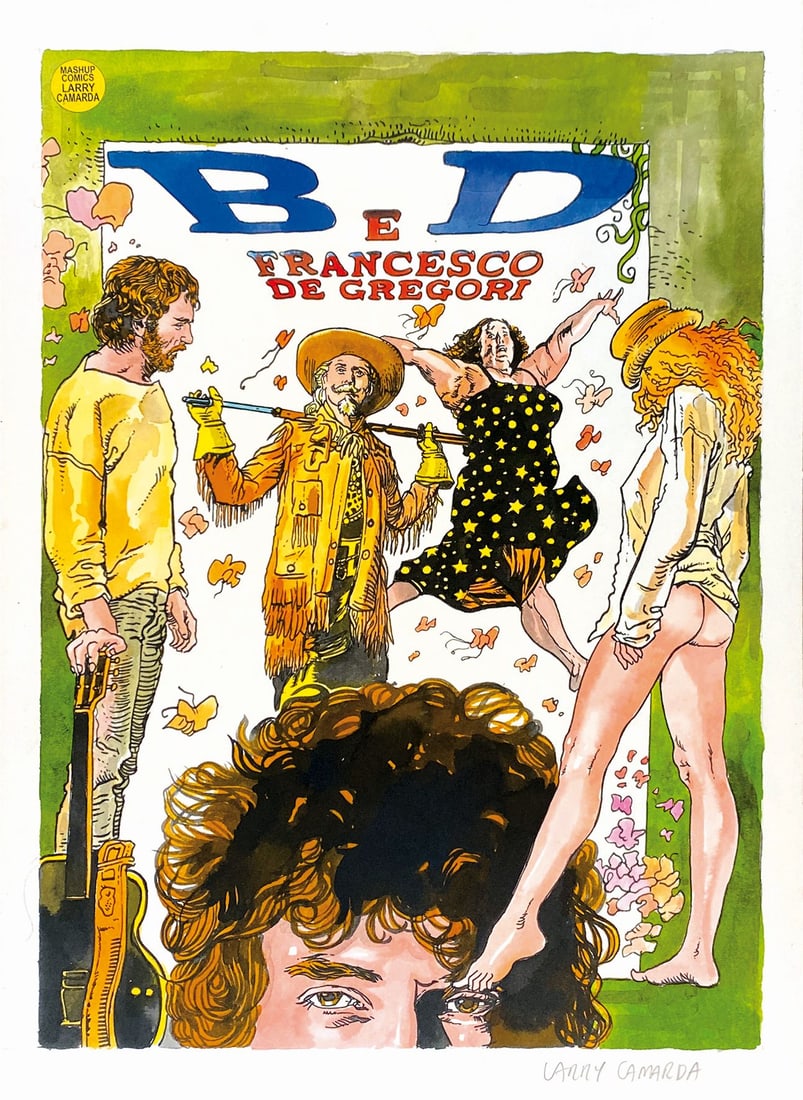 CAMARDA - B D e Francesco De Gregori: Opera realizzata per il Club Tenco, 2019. Omaggio a Milo Manara. Tecnica mista su cartoncino, cm 42x30. Firmata. Ottimo stato. ENG Artwork created for the Club Tenco, 2019. Tribute to Milo Manara. Mix