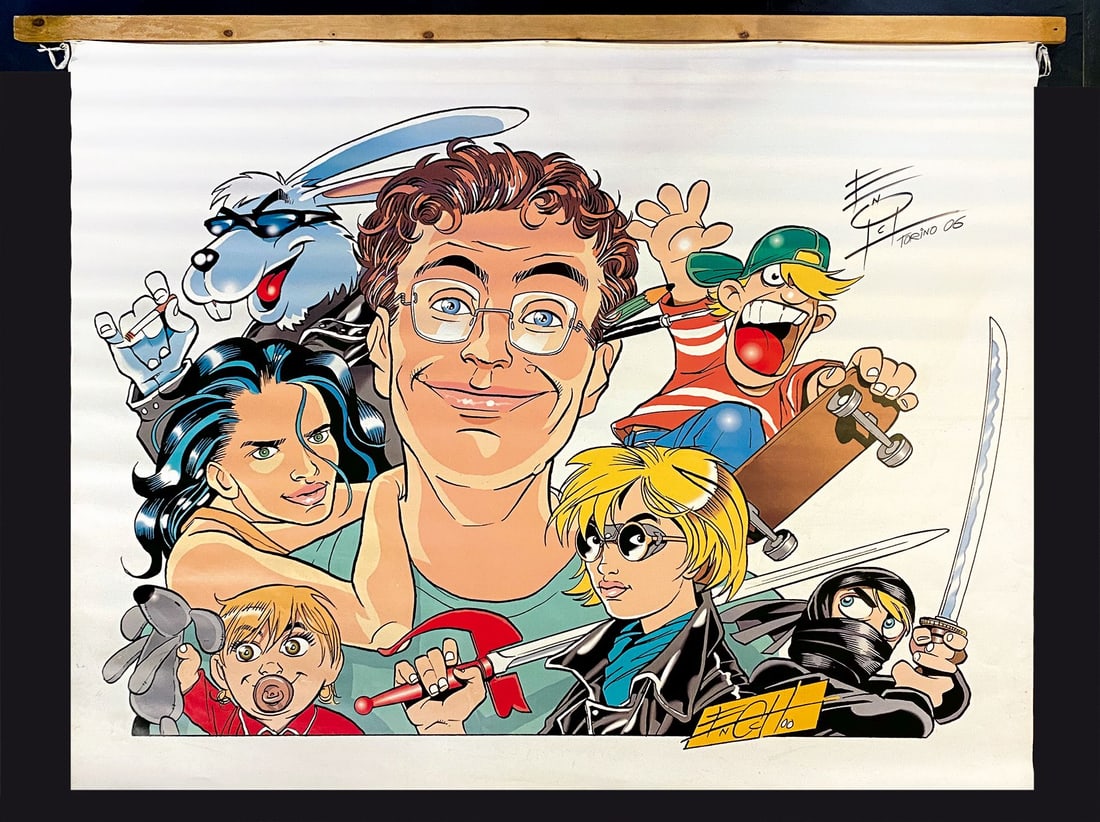 LUCA ENOCH - Autoritratto con Personaggi: Poster gigante in esemplare unico realizzato per esposizione, stampa su tela plastificata, cm 150x186. Firmato in originale e datato 2006. Ottimo stato. ENG Unique giant poster created for an exhibiti