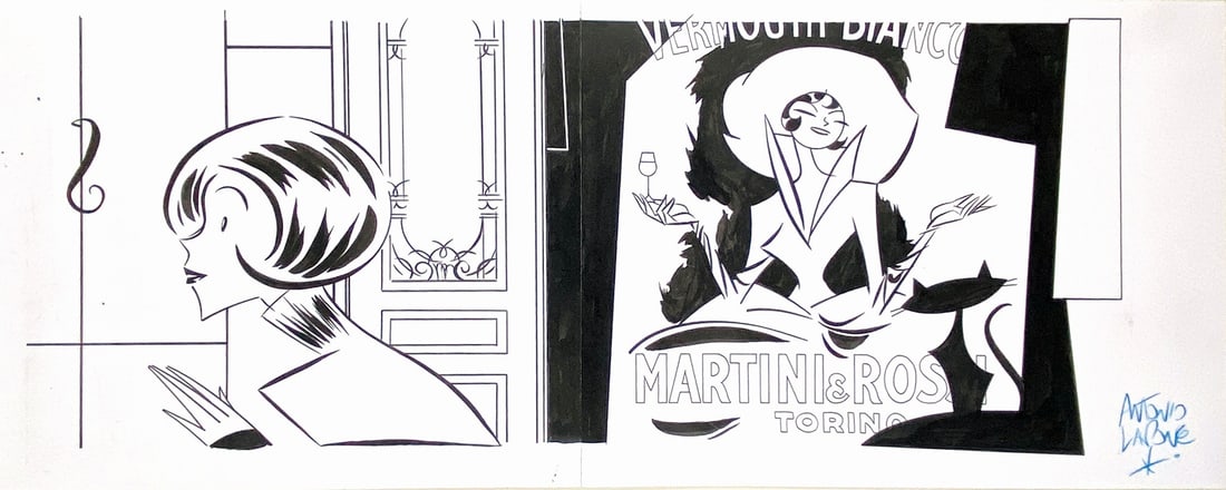 ANTONIO LAPONE - Martini & Rossi Torino: Doppia illustrazione matita e china su cartoncino, cm 22x56. Firmata. Non datata ma 2015 circa. Con piegatura centrale. Eccellente stato. ENG Double illustration in pencil and ink on thin cardboard; 2