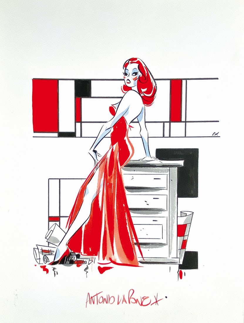 ANTONIO LAPONE - Mondrian Pin Up: Illustrazione matita, china e acquerello su cartoncino, cm 40x30. Firmata. Non datata ma 2015 circa. Eccellente stato. ENG Original Illustration, pencil, ink, and watercolor on thin cardboard; 40x30 c