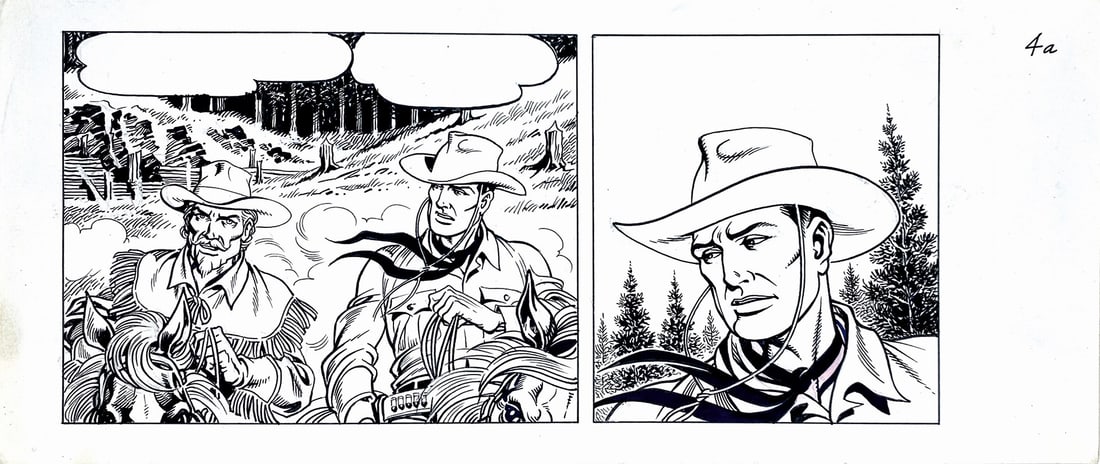 MAGNUS - Tex: La Valle del Terrore: Striscia originale inedita per il Tex Speciale n. 9, Bonelli, 1996. Matita e china su cartoncino, cm 15x35. Minime piegature agli spigoli bianchi, peraltro eccellente stato. ENG Unpublished original s