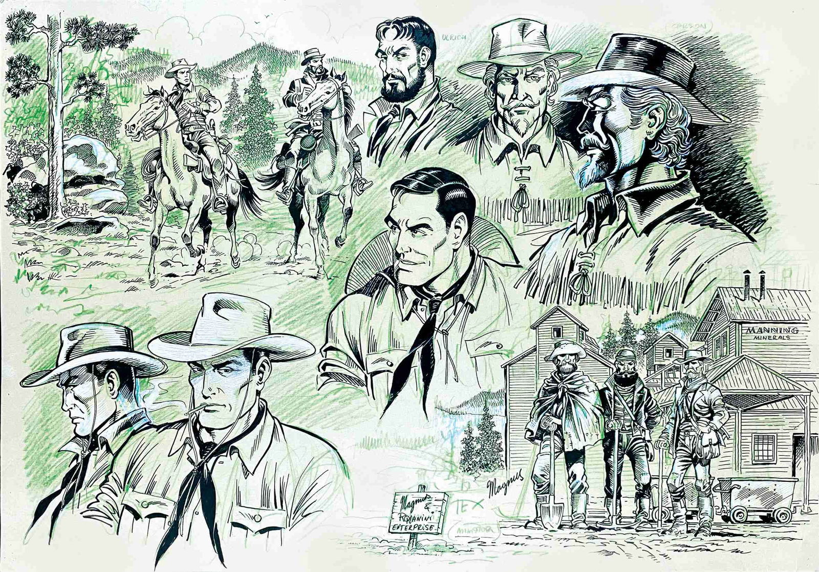 MAGNUS & ROMANINI - La Valle del Terrore: MAGNUS & ROMANINI - Tex: La Valle del Terrore. Studio dei personaggi. Matita, china, matita verde e tempera bianca su cartoncino; cm 35,5x50. Firmata dai due artisti e separatamente da Magnus. Con stu