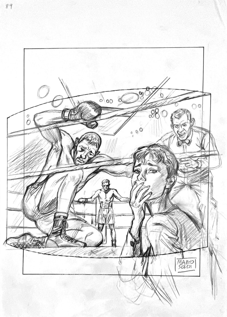 MARCO SOLDI - Julia: Un Mondo di Pugni: Preliminare di copertina per Julia n. 89, Bonelli, 2006. Lapis su carta, cm 29,5x21. Firmata. Alcuni studi al retro. Stropicciature ad un angolo, peraltro eccellente stato. ENG Preliminary cover art f