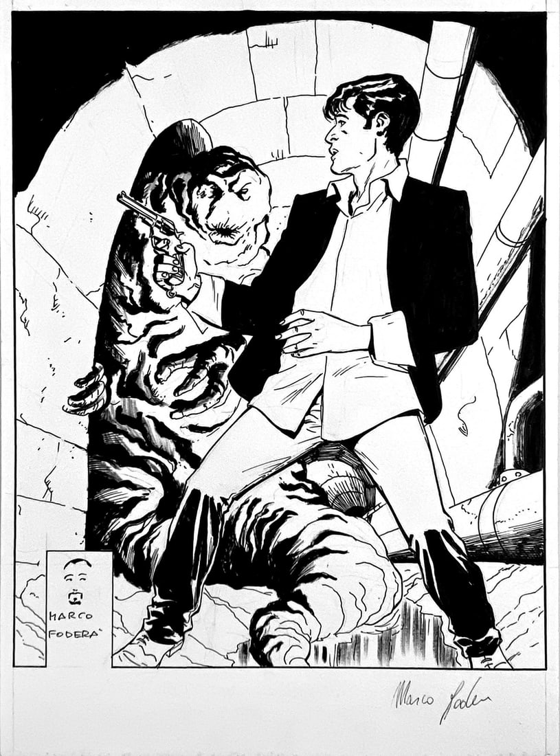 MARCO FODERA' - Dylan Dog: Illustrazione del disegnatore Bonelliano, matita e china su cartoncino, cm 31,5x23. Firmata. Eccellente stato. ENG Original illustration, pencil and ink on thin cardboard, cm 31.5x23. Signed. Excellen