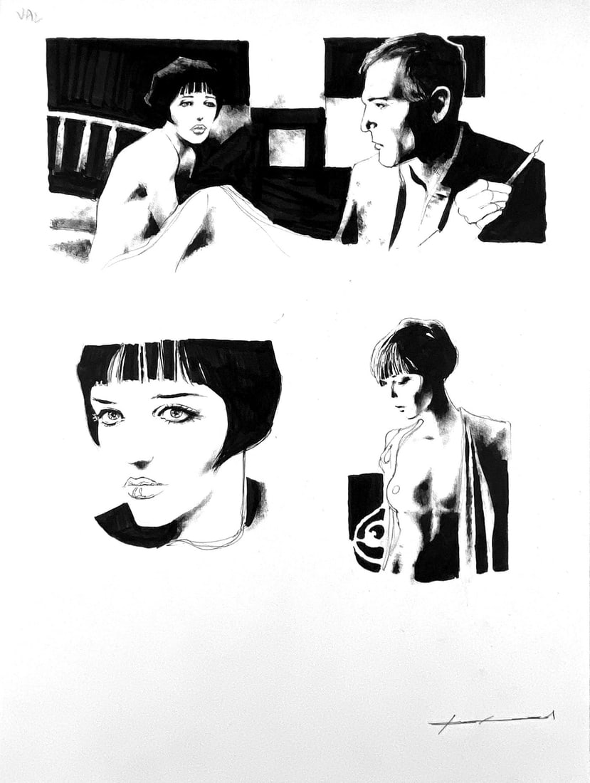 ROI - Viva Valentina!: Illustrazioni inedite, matita e china su cartoncino, cm 36x26,5. Firmata. Eccellente stato. ENG Unpublished illustration, pencil and ink on thin cardboard, cm 36x26.5. Signed. Excellent condition.