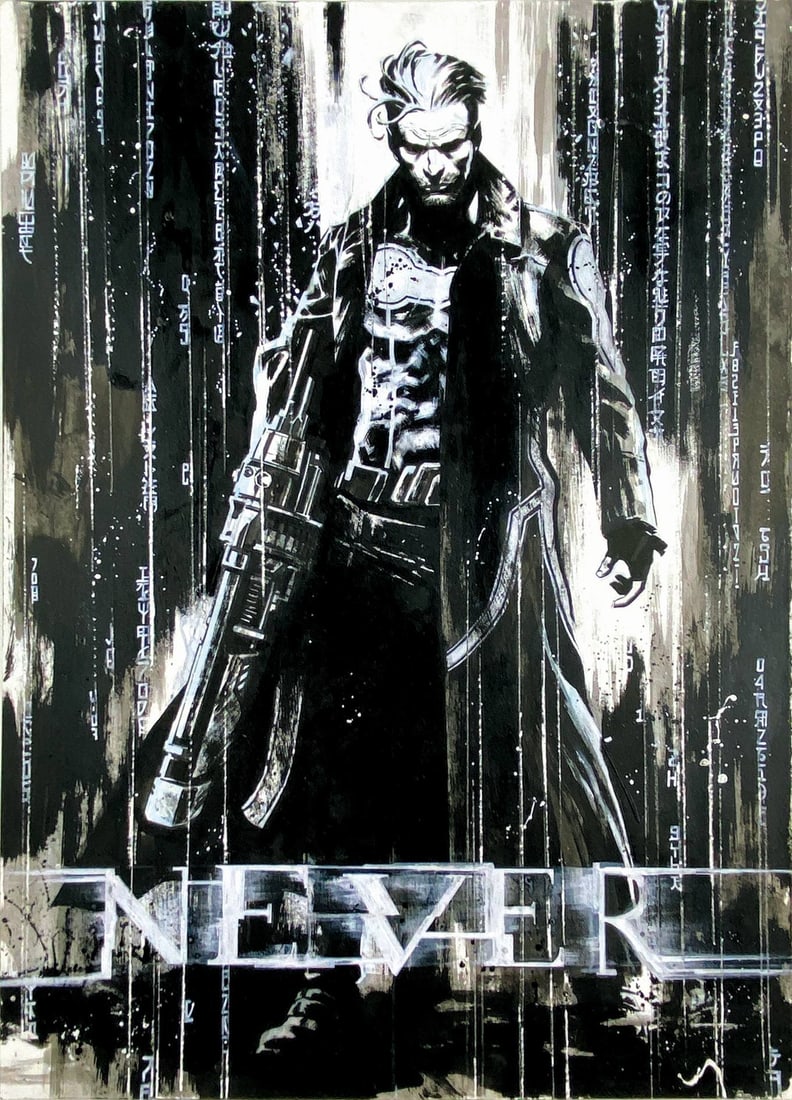 FABRIZIO DES DORIDES - Never: Opera del disegnatore romano, attivo sin dal 2012 per personaggi come John Doe ed editori da Aurea a Cosmo, attualmente in forza alla Bonelli. Tecnica mista su cartoncino, cm 42x29,5. Firmata al retro