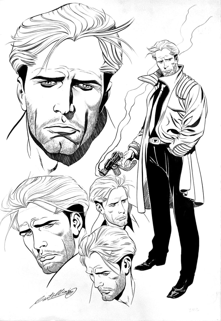 CASTELLINI - Nathan Never: Studio: CLAUDIO CASTELLINI - Nathan Never: Studio del Personaggio. Grande illustrazione matita e china su cartoncino, cm 48x33. Firmata in basso a sinistra e nuovamente firmata al retro. Una delle piu' iconic