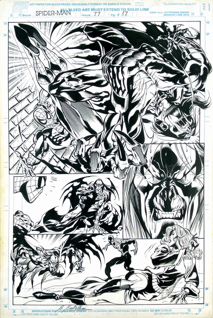 CASTELLINI - Spider-Man: Vampire's Kiss: CLAUDIO CASTELLINI - Spider-Man: Vampire's Kiss. Tavola originale pubblicata a pag. 17 di Spider-Man n. 77, Marvel Comics, 1997. Matita e china su cartoncino professionale, cm 44x29. Firmata. Tavola s