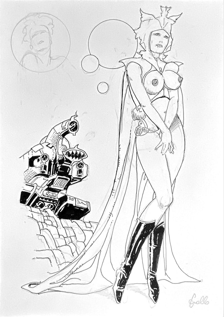 LEONE FROLLO - Mona Street nel Futuro: Matita e china su cartoncino, cm 29,5x21. Firmata. Non datata ma primi anni 2000. Ottimo stato. ENG Pencil and ink on thin cardboard, cm 29.5x21. Signed. Not dated but early 2000. Very good condition.