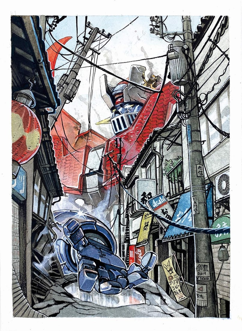 GIULIA FRANCESCA MASSAGLIA - Mazinger: Illustrazione matita, china e acquerello su cartoncino, cm 29,5x21. Firmata con monogramma e datata 2019. Eccellente stato. ENG Original illustration, pencil and watercolor on thin cardboard, cm 29.5x