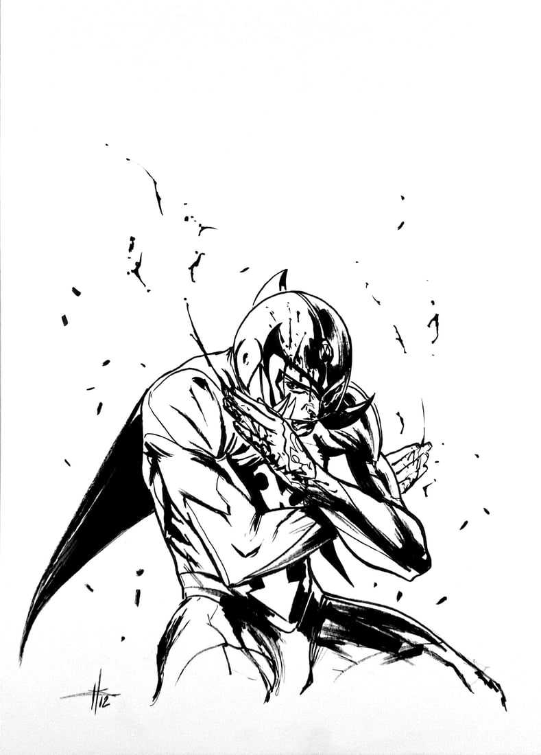 GABRIELE DELL'OTTO - Hurricane Polimar: Illustrazione originale per il personaggio creato da Tatsuo Yoshida e Yoshitaka Amano per l'anime prodotto nel 1974 dalla Tatsunoko. Matita e china su cartoncino, cm 29,5x21. Firmato e datato 2012. Nu