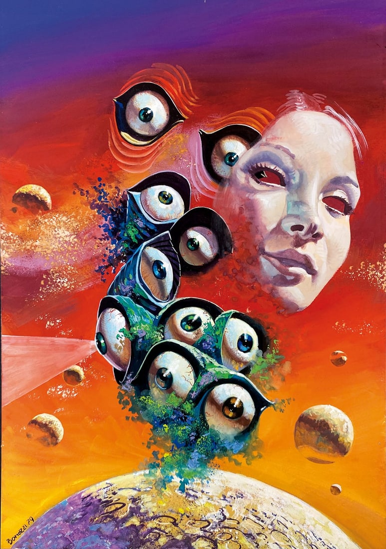 GERMANO BONAZZI - Ballata per Lima: Originale di copertina per il romanzo di Daniela Piegai, pubblicato in “Cosmo Collana di Fantascienza” n. 103, Editrice Nord, gennaio 1980. Tempera e acquerello su cartone, cm 36,5x25,5. Firma