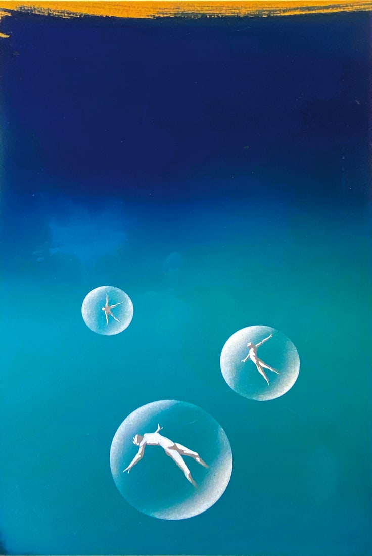 KAREL THOLE - Naufragio Trasparente: Originale di copertina per il romanzo di fantascienza scritto da James White, edito da Mondadori in Oscar Fantascienza n. 834, 1972 (titolo originale: Lifeboat, 1972). Tempera su cartoncino, applicato