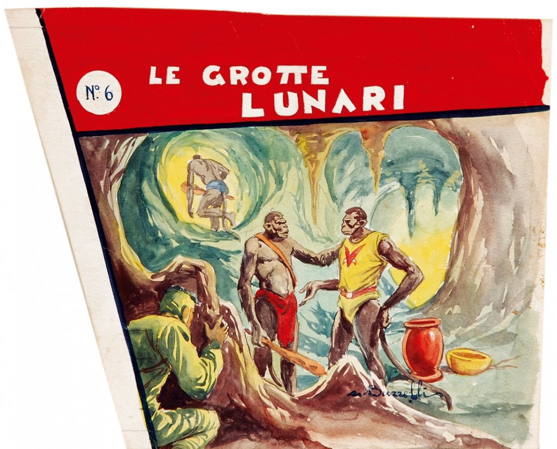 Guido Buzzelli Alex l’Eroe dello Spazio – Le Grotte Lu: Guido Buzzelli Alex l’Eroe dello Spazio – Le Grotte Lunari K2ENG Original cover art for Diana editions. Pencil and tempera con thin cardboard, cm 18x16. Signed. IT Originale di copertina per le ed