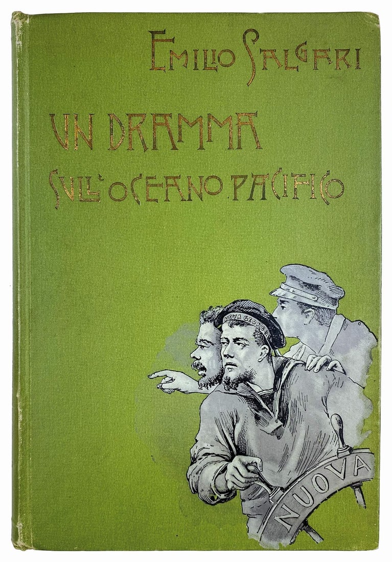 SALGARI - Un Dramma nell’Oceano Pacifico: R. Bemporad, 1895. Prima ed. Esemplare in legatura di lusso, tutta tela figurata con ori. Cm 24,5x17; pp. 252. Illustrazioni e copertina di G.G. Bruno. Minimi segni da pressione alle cuffie peraltro o