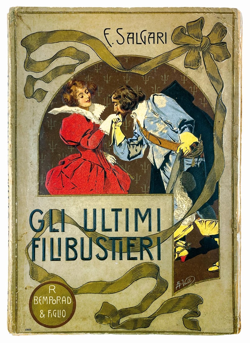 SALGARI - Gli Ultimi Filibustieri: Bemporad, Firenze, 1908. Prima edizione. Cm 25x17,5; pp. 282. Brossura litografica a rilievo con ori; copertina e 20 illustrazioni f.t. del Della Valle. Esemplare discreto, carta lievemente ingiallita