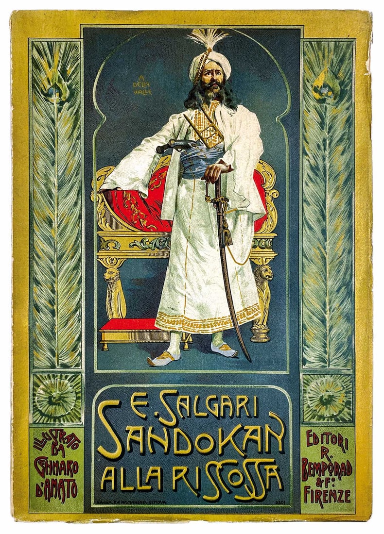 SALGARI - Sandokan alla Riscossa: Bemporad, Firenze, 1908. Seconda edizione. Cm 25x17,5; pp. 312. Brossura litografica a rilievo con ori; copertina di Alberto della Valle e 20 illustrazioni f.t. di Gennaro Amato. Buon esemplare con li