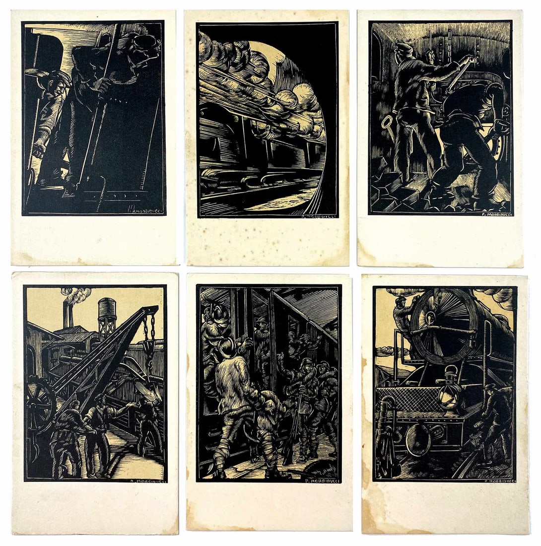 Associazione Nazionale Fascista Ferrovieri Stato: PUBLIO MORBIDUCCI - Associazione Nazionale Fascista Ferrovieri Stato. Serie completa di 12 cartoline, edizioni d'arte Fauno, Roma, non datate ma anni '30. Cm 14x9. Non viaggiate, con timbro dopolavoro