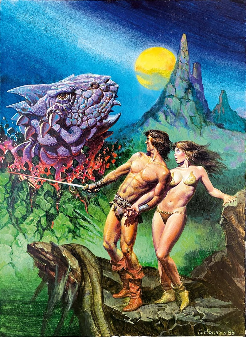 GERMANO BONAZZI - Heroic Fantasy 2: Originale di copertina per Editrice Nord, romanzo non reperito. Tecnica mista su cartone, cm 36x26. Firmata e datata 1985. Ottimo stato.