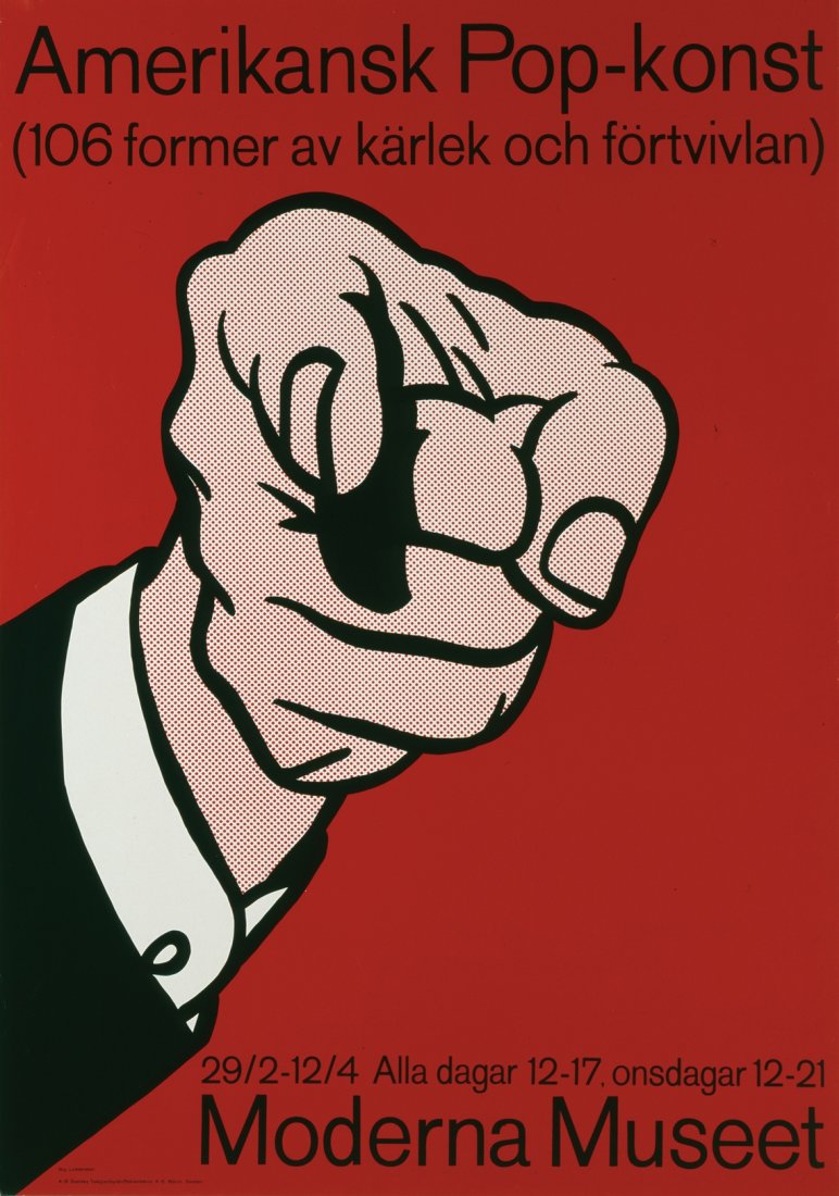 ROY LICHTENSTEIN Amerikansk Pop-Konst: IT Affisso serigrafico per la mostra tenuta al Moderna Museet, Stoccolma, 1964. Cm 70x100. Buono/ottimo stato. ENG ROY LICHTENSTEIN Amerikansk Pop-Konst Serigraph poster for the exhibition held in