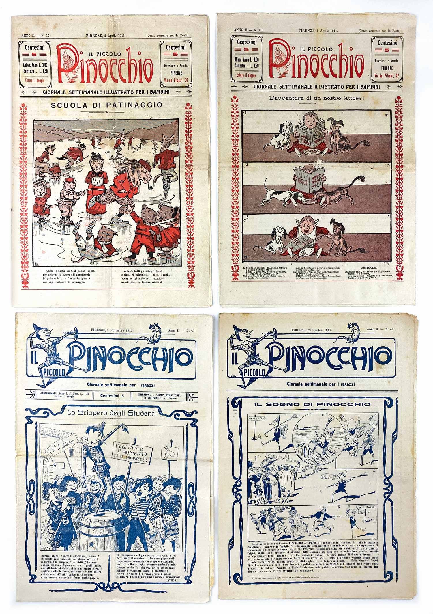 Il Piccolo Pinocchio: Nerbini foglio sciolto; cm 32,5x23, pp. 8. 1911 anno II, nn. 4 a 6, 8 a 16, 18 a 27, 29 a 31, 33 a 38, 40 a 49 e 52. Pubblica racconti illustrati e proto fumetti, disegni di Sirti, Vannucci. Ottimo