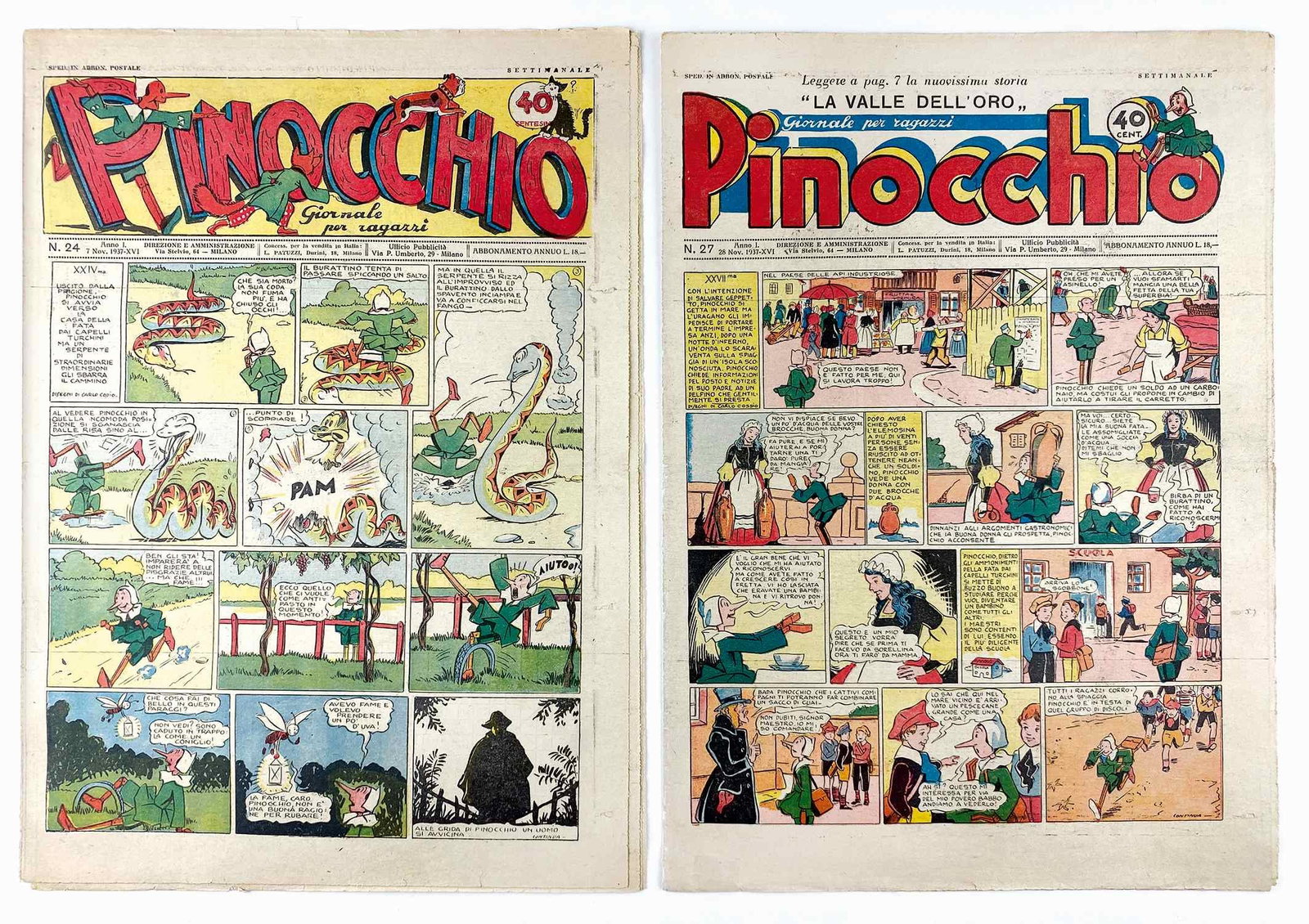 Pinocchio Saev: Editoriale Vecchi, Firenze, 1937 anno I. Foglio sciolto; cm 38x27. Nn. 3 a 7, 11,12, 22 a 25 e 27. Pubblica il pinocchio a fumetti realizzato da Carlo Cossio; Tarzan di Maxon. Fumetti di produzione