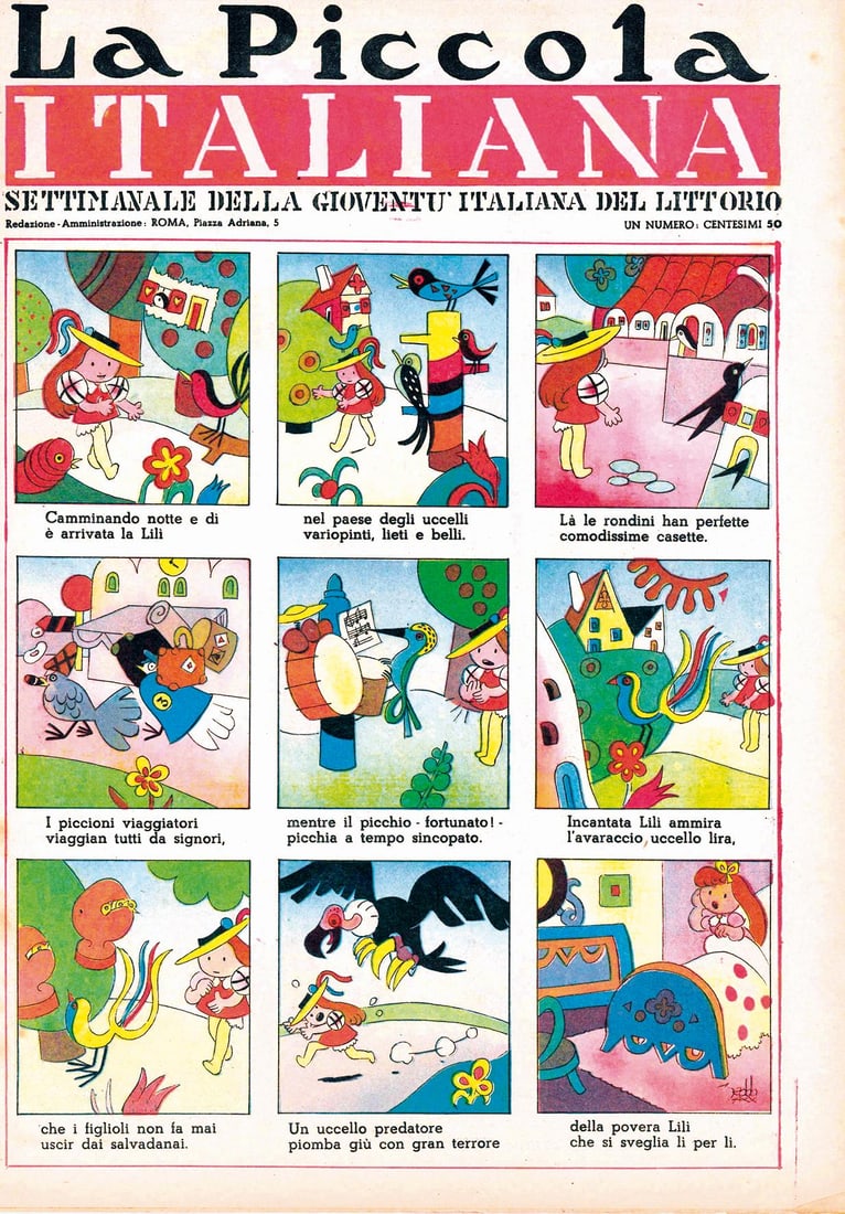 La Piccola Italiana 1941/42: Edizioni A.P.I, 1941/42; foglio sciolto cm 37,5x26,5. 1941 lotto composto da 24 fascicoli: nn. 1 a 9,24,48,30 a 32, 38 a 40, 42 a 44, 46 a 48 e 50. 1942 lotto composto da 17 fascicoli: nn. 9 a