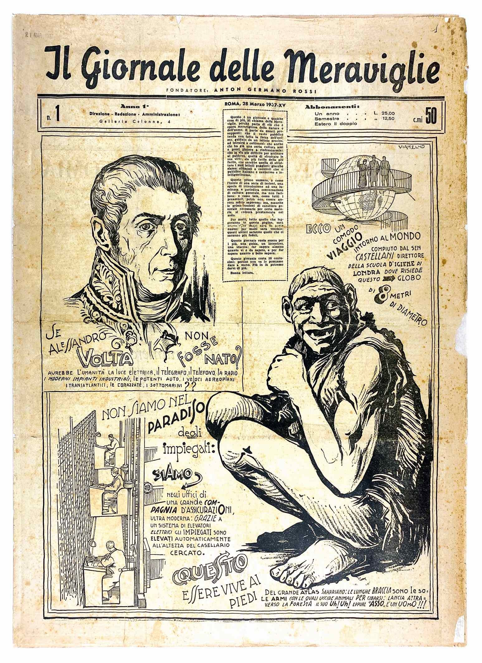 Giornale delle Meraviglie completo.: Anno I e II, da 1 a 60. Giornale di divulgazione scientifica fondato da Anton Germano Rossi, in folio; cm 58,5x42. Illustrazioni di Vianello. A partire dal n. 1 al 60. A partire dal n. 59 introduce