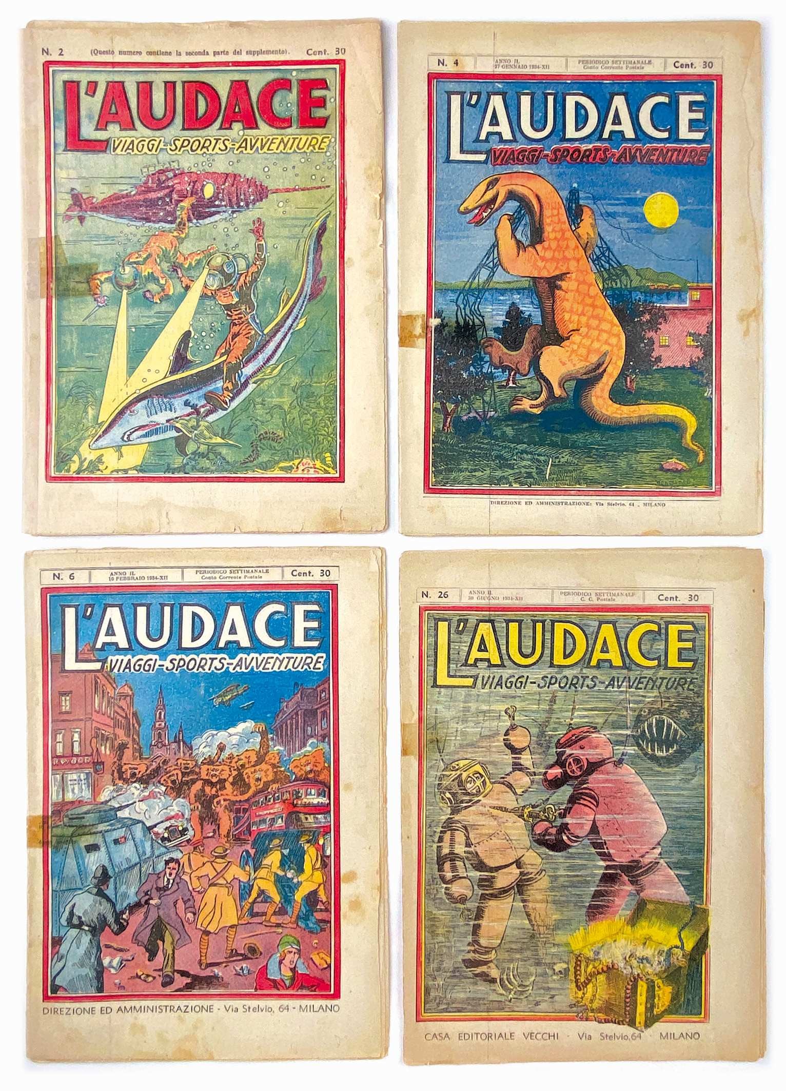 L'Audace Saev: Editoriale Vecchi, Firenze, 1933-1934; foglio sciolto; cm 27x19 circa, nn. 2 a 8, 10 a 15, 17 a 19, 25,26. Pubblica racconti illustrati e proto fumetti, comici e d'avventura. Buono/Discreto stato.