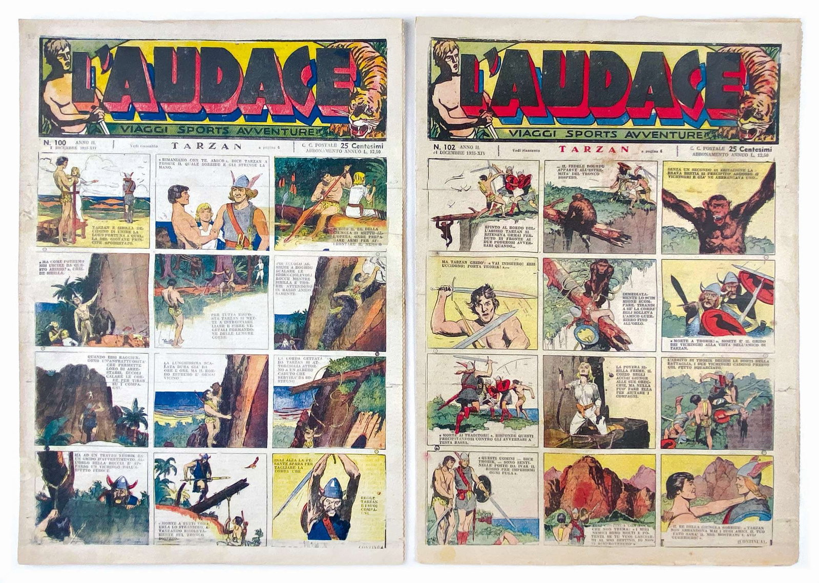 Audace 1935-36: Saev; foglio sciolto, cm 38x27, pp. 8 b/n a colore. 1935: nn. da 95 a 98-100 a 102; 1936: nn. 105 a 108- 129-135 a 138-140-145 a 151-153 e 154. Pubblica Tarzan di Foster, Le Tavole Domenicali di