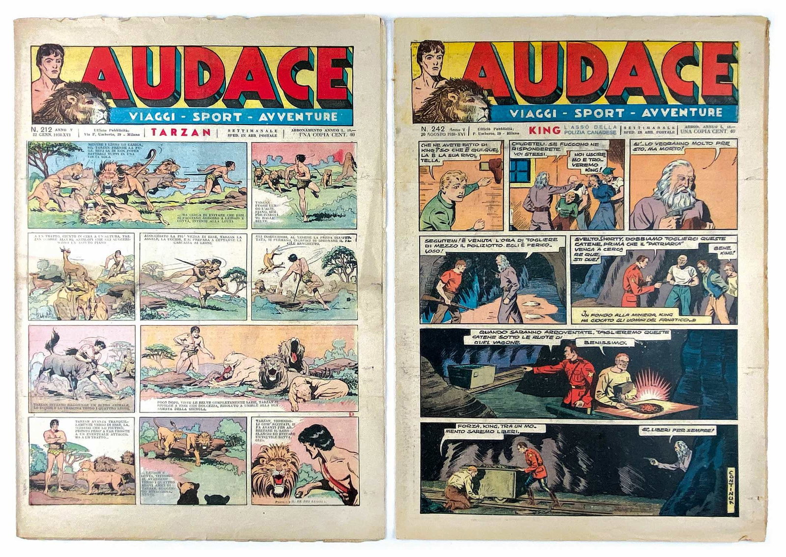 Audace 1938: Saev; foglio sciolto, cm 38x27, pp. 8. Continua le pubblicazioni di Tarzan con le tavole di Hogart. Mandrake e Audax di Flanders e Attraverso il Tempo con Brick Bradford. Nn. 211 a 214, 216 a 242.