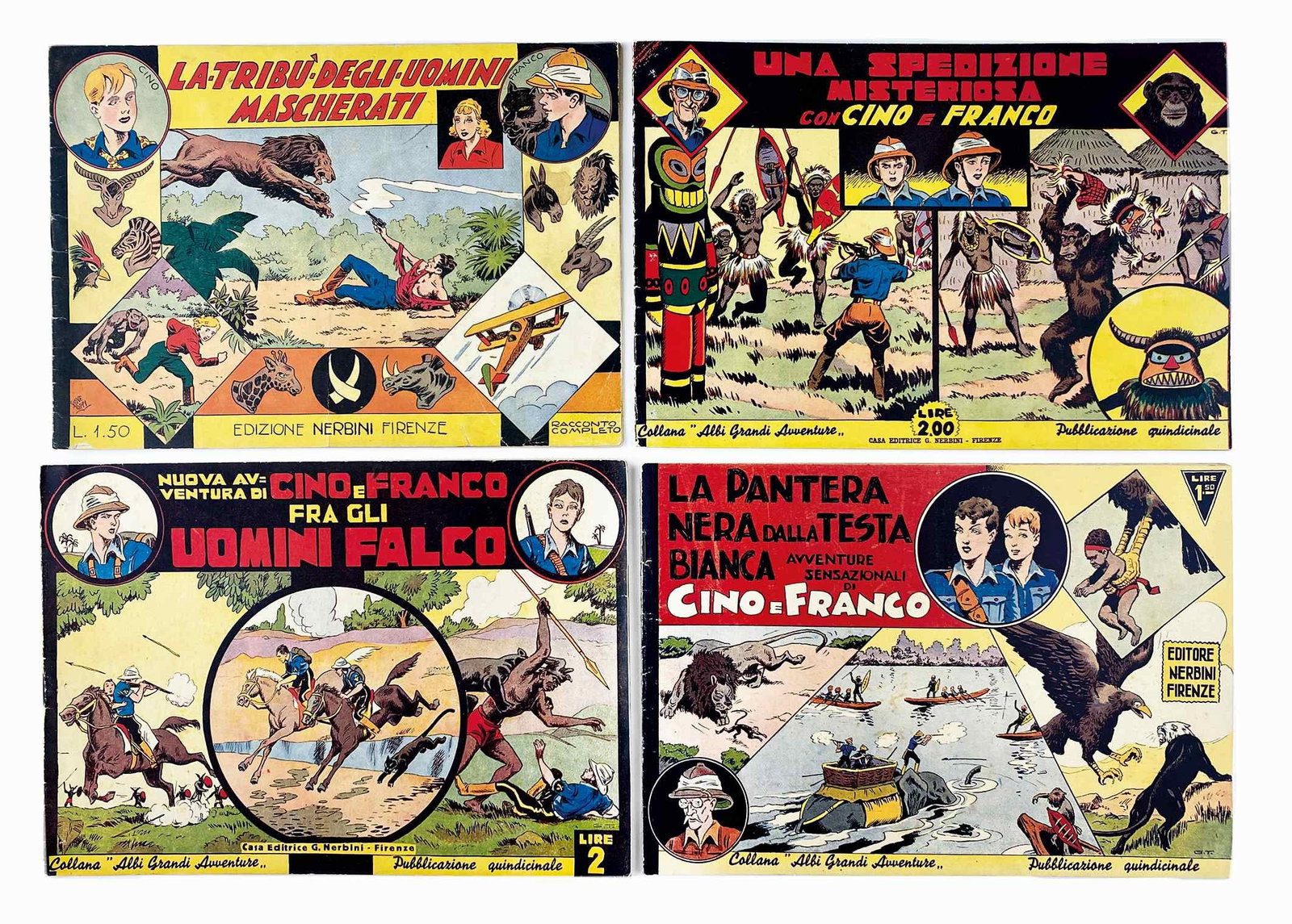 Cino e Franco serie piccola: Nerbini, 1940-41; spillati, cm 19,5x29. Seri semi completa, nove di dieci albi editi: n. 1 I Predoni dell'Avorio, n. 2 La Tribu' degli Uomini Mascherati, n. 3 La Zampa di Pantera, n. 4 Alla Ricerca