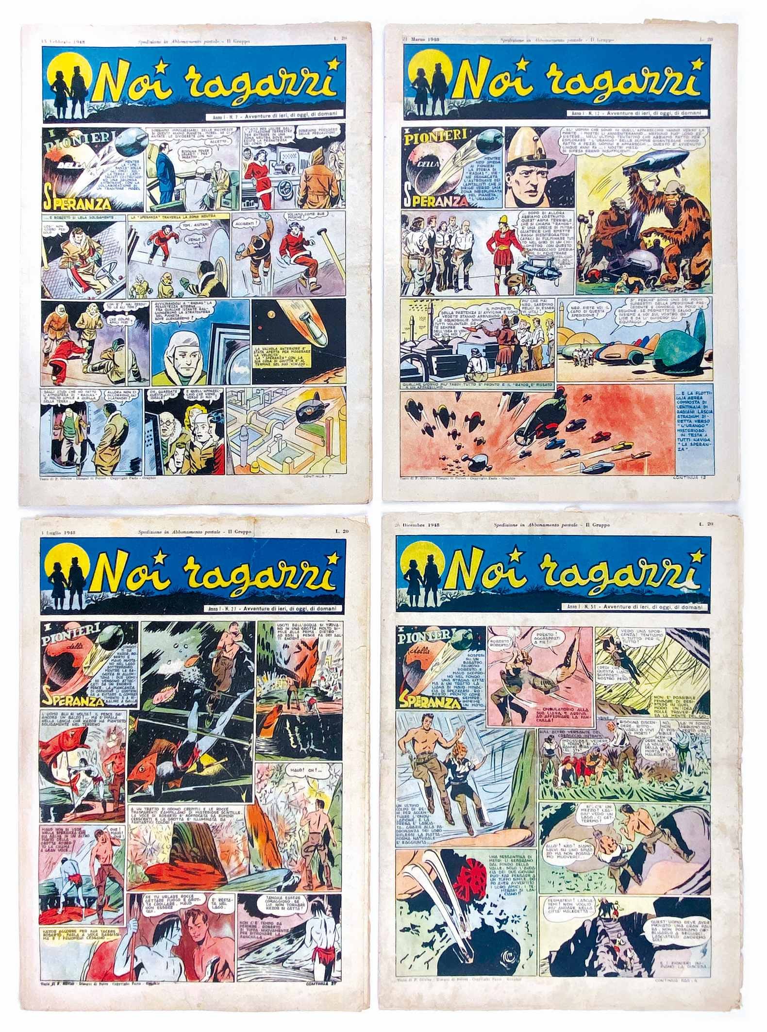 Noi Ragazzi 1948: Edizione Unione Donne Italiane, 1948; foglio sciolto, cm 36x25,5; Anno I, nn. da 2 a 33, 35, 37 a 40, 42 a 49 e 51. Pubblica I Pionieri della Speranza, fumetto di fantascienza francese di Olivier e