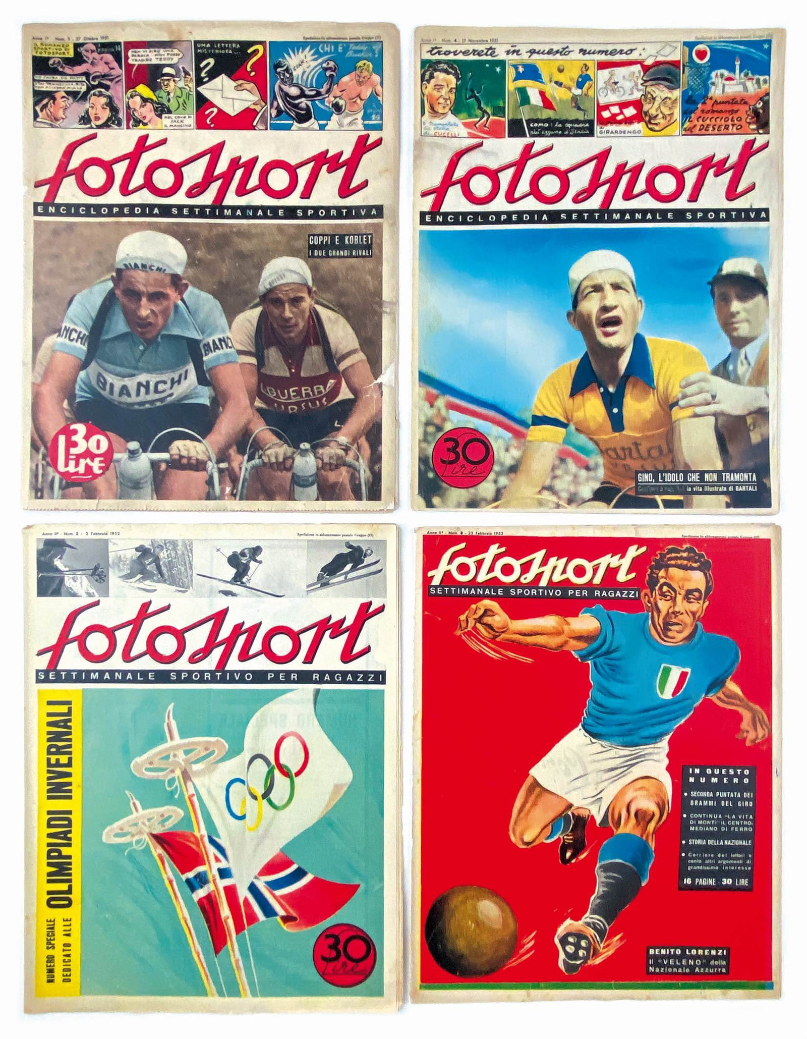 Fotosport completa: Edizioni Lo Sport, 1951-52; foglio sciolto, cm 29x22. Collezione completa 1951 da nn. 1 a 10 e anno II da nn. 1 a 8. Pubblica notizie di avvenimenti sportivi con fumetti, illustrazioni e caricature.