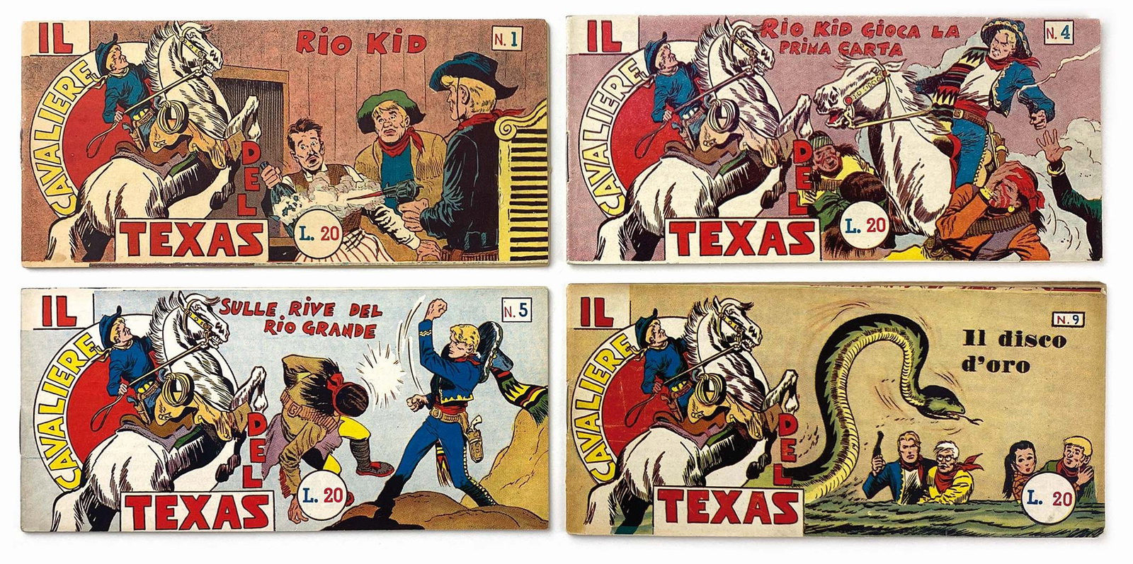 Il Cavaliere del Texas Completa: Audace, Collana Zenit, ottobre 1953; spillati, cm 8x17. Serie da nn. 1 a 9. Disegni di Roy D'Amy. Nuovissima, edicola; n. 1 piccolo segno a penna retro copertina. Rara in questo stato
