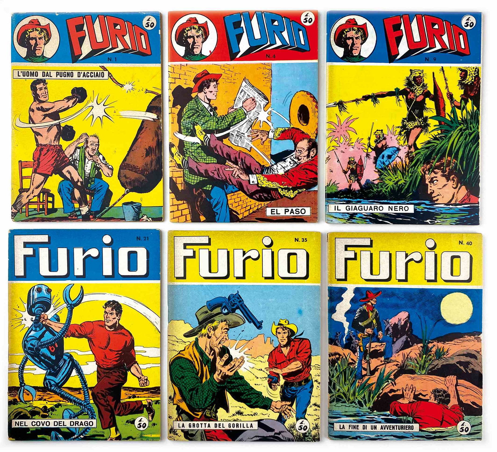 Furio l'Uomo dal Pugno d'Acciaio Completa: Araldo, 1964; spillati, cm 17,5x13, da nn. 1 a 40. Edicola. Il n. 1 con minimi segni da contatti al margine alto; peraltro tutti con copertine lisce e carta bianca. Rari in questo stato.