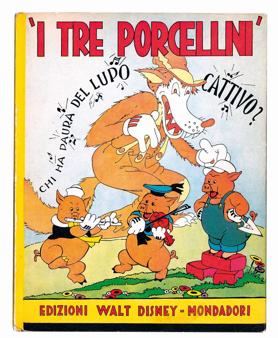 I Tre Porcellini: Edizioni Walt Disney-Mondadori, Collana Sinfonie Allegre, 1935, prima edizione. Cartonato, cm 26x20,5. Sguardie figurate, pp. 64, illustrazioni in b/n n.t. e f.t. e b/n e colore fuori testo. Disegni