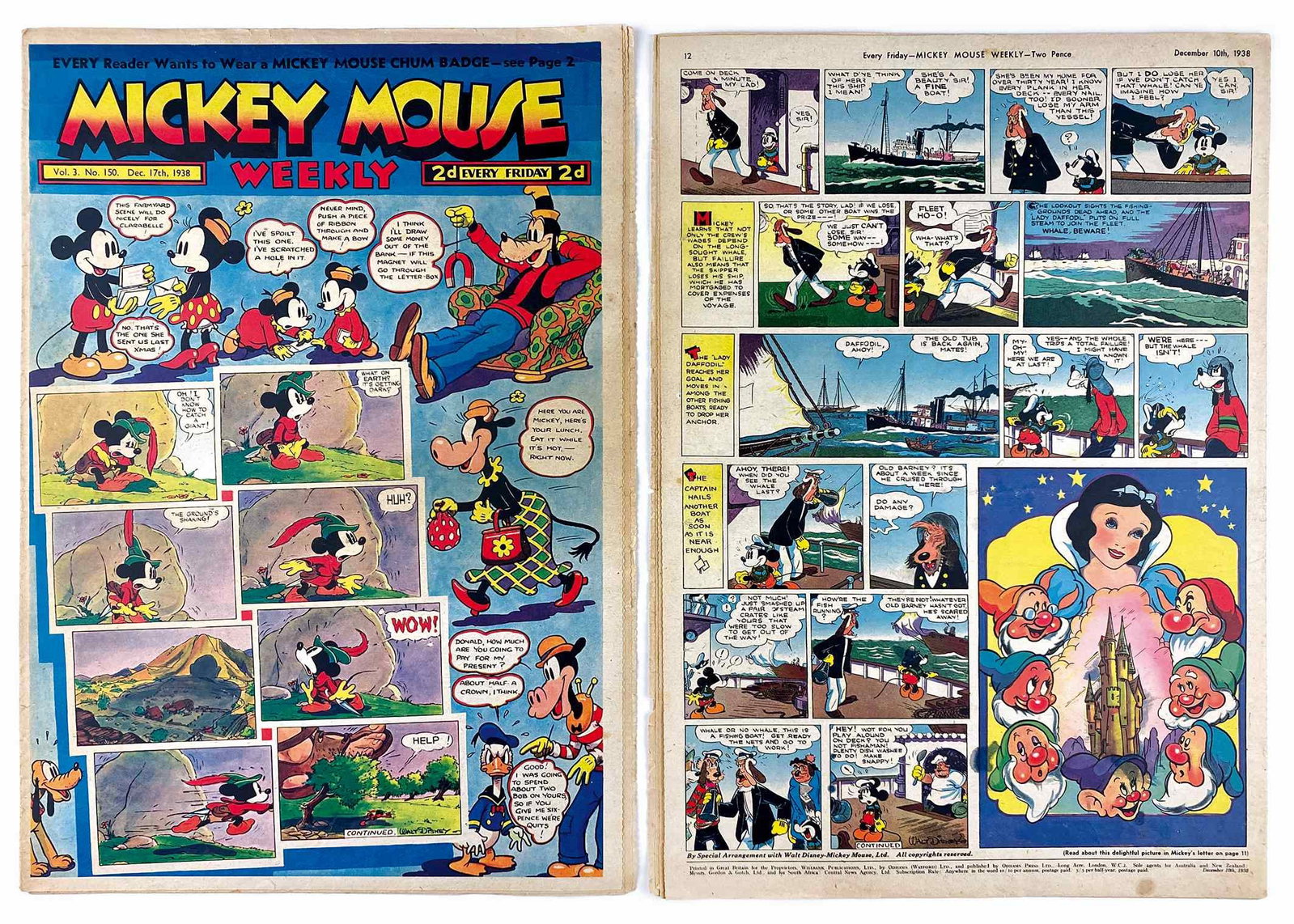 Mickey Mouse Weekly: Willbank Publications-Odhams Press, 1938, Anno III. Foglio sciolto, cm 38x28. Nn. 104-105-109-110-120-126-130-137-147 a 152. Buono stato. Il lotto di 14 giornali.