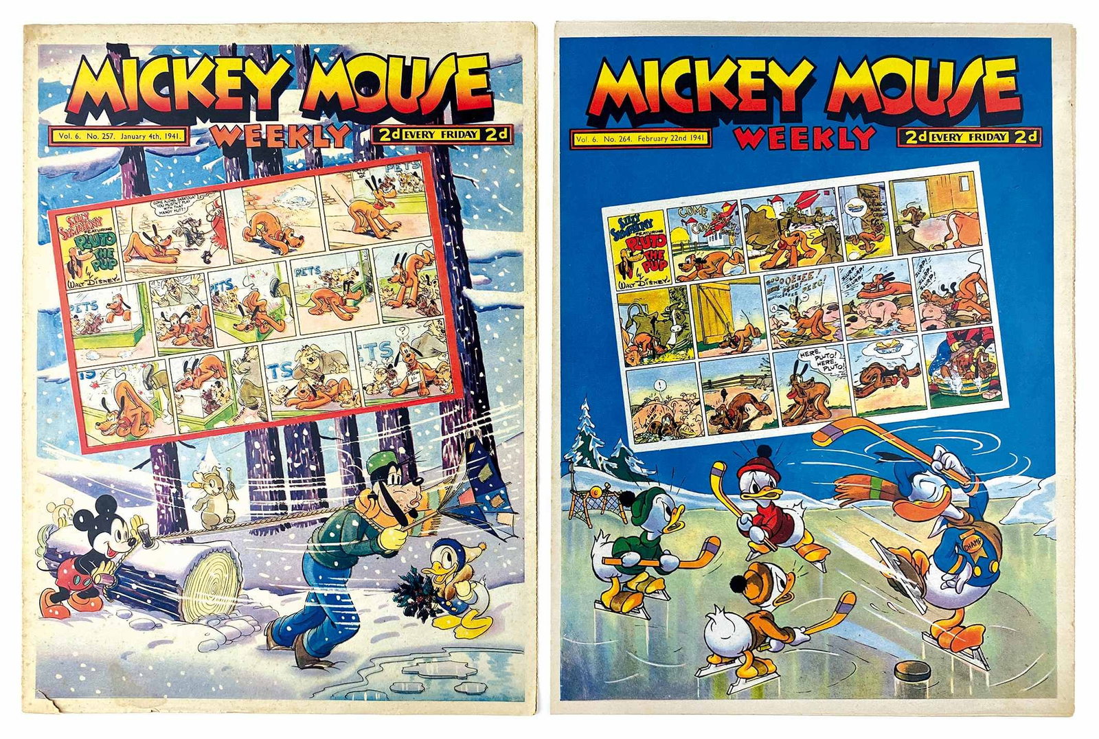 Mickey Mouse Weekly: Willbank Publications-Odhams Press, 1941-1942. Foglio sciolto, cm 36x27, quindi 32x23,5. 1941, nn. 257 a 261-263 a 268-270-273 a 282-284 a 294-296-297. N. 297 con strappetti al margine della