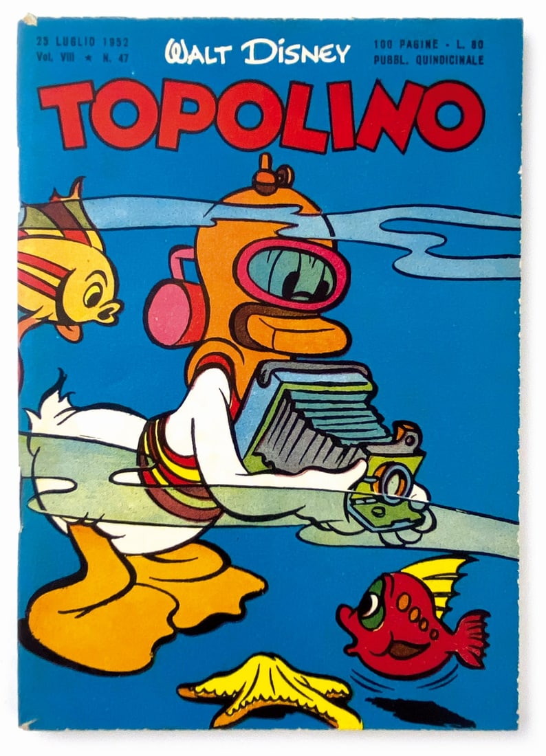 Topolino Libretto n. 47: Mondadori, 25 luglio 1952. Spillato, cm 17,8x12,4. Nuovissimo/edicola. Copertine lisce e con patina intatta. Minimi segni da contatto marginali. Consueto difetto da taglierina agli spigoli. Interno ec