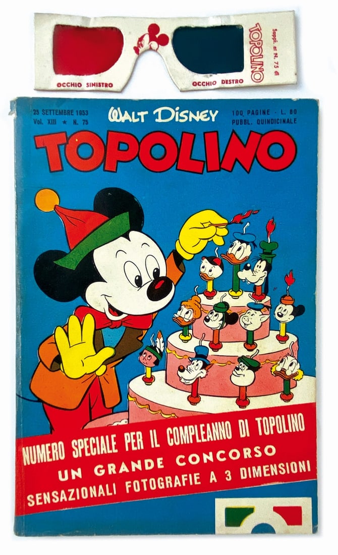 Topolino Libretto 75 Speciale con Occhialini: Topolino Libretto n. 75: Speciale Compleanno di Topolino con Occhialini 3D. Mondadori, 25 settembre 1953. Nuova veste grafica, in brossura con spillatura interna, cm 18,4x12,5. Albo in buono/ottimo st