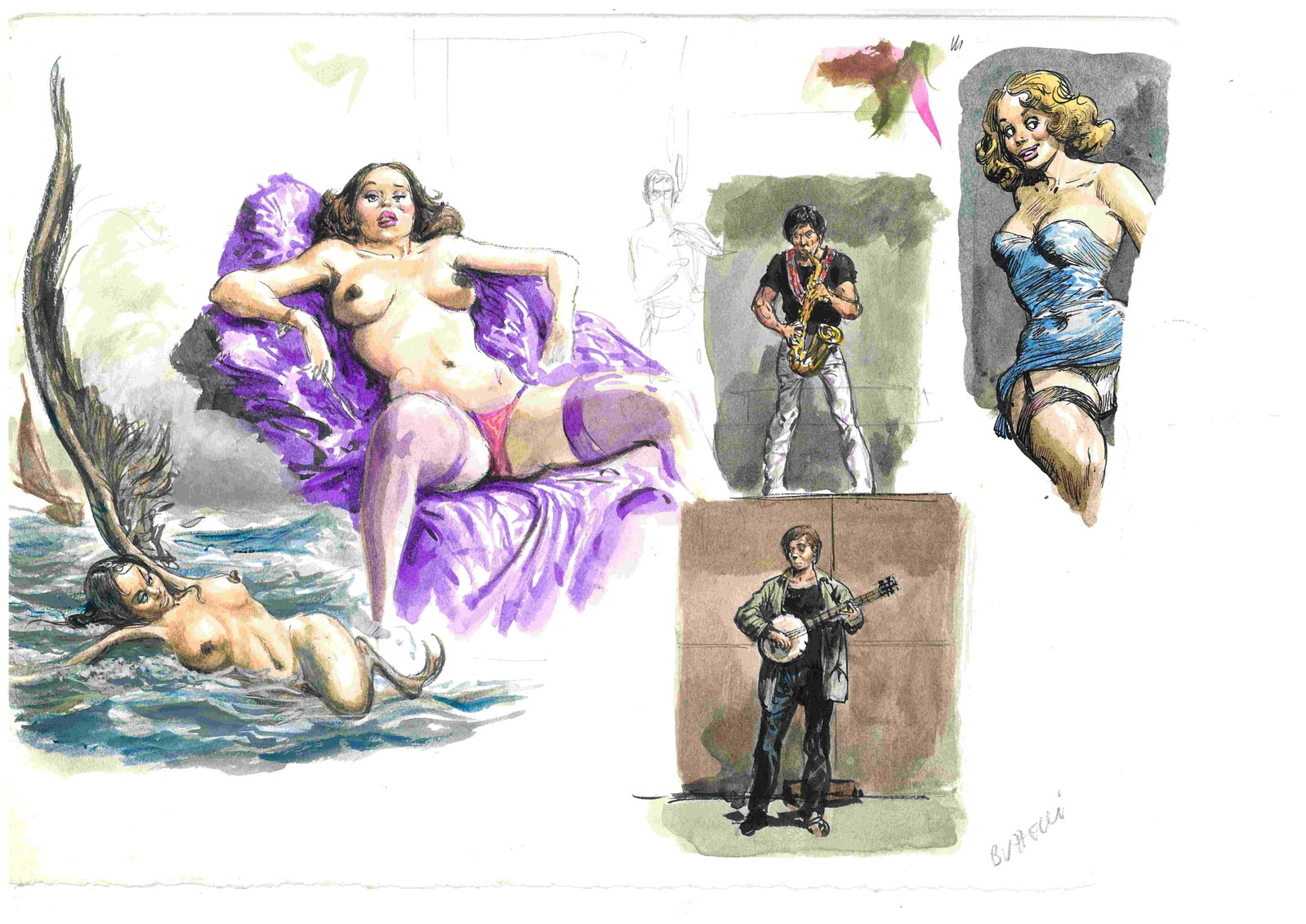 BUZZELLI - Donne, Esseri Mitologici: GUIDO BUZZELLI - Donne, Esseri Mitologici, Musica. Studi e illustrazioni matita e acquerello su unico supporto di cartone, cm 20x27. Con margine destro irregolare. Buono stato. ENG Original studies