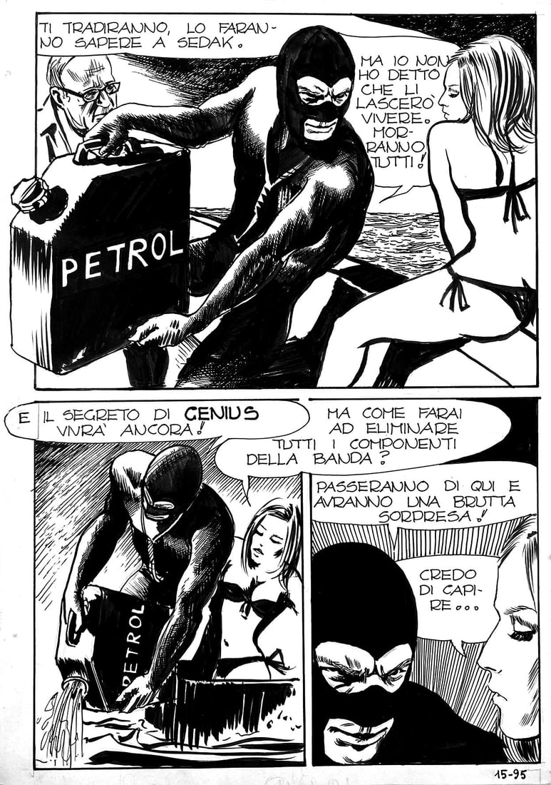 MANARA - Genius: Giuramento di Morte: MILO MANARA - Genius: Giuramento di Morte. Tavola originale pubblicata a pag. 95 di Genius n. 15, Furio Viano Editore, Aprile 1970. Matita e china su cartoncino, cm 32x22,5. Ottimo stato. ENG
